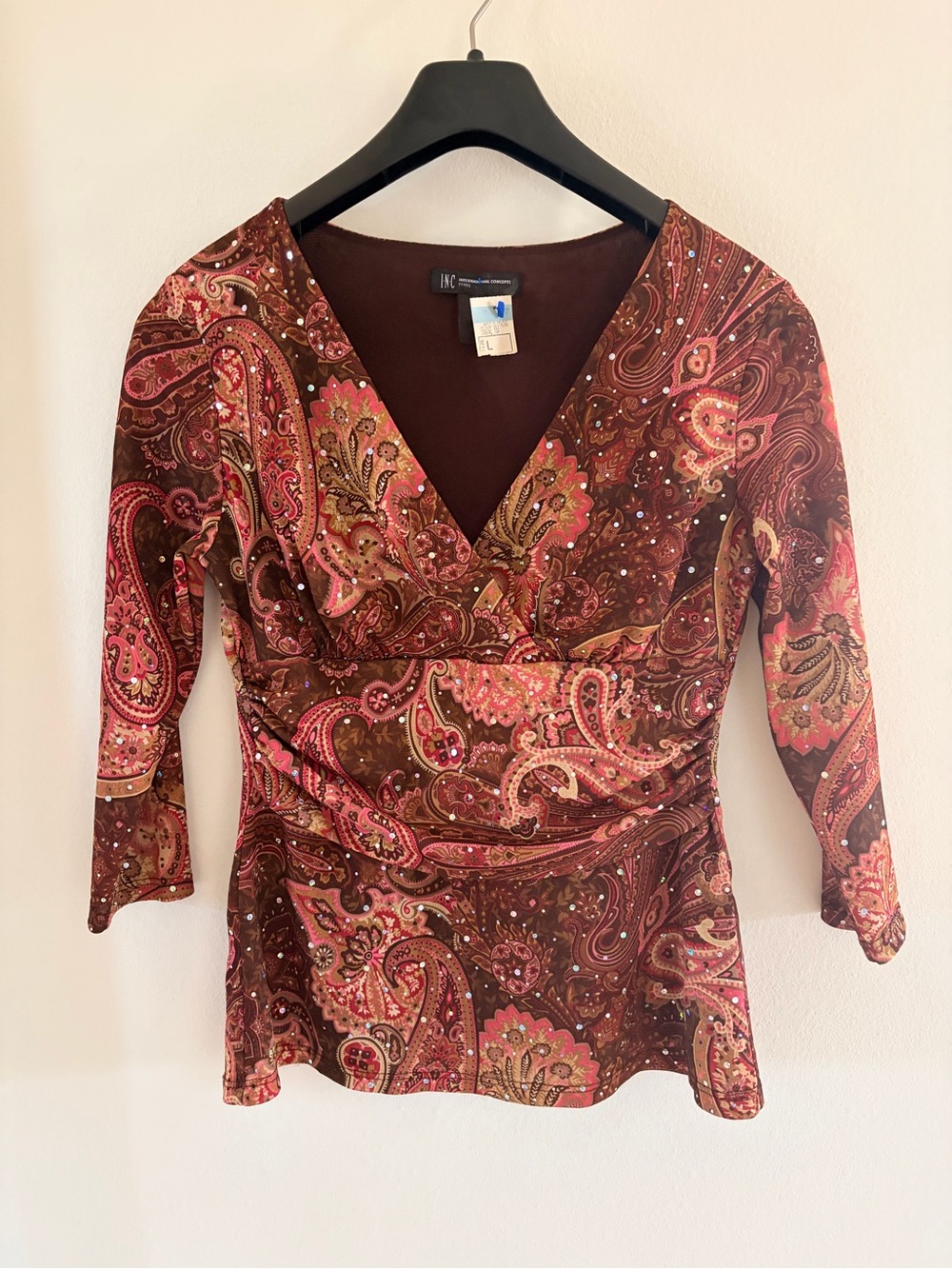 INC y2k 90s Boho Whimsy Paisley Wrap Top Brown Pink Sequin V Neck 3/4 Sleeve NWT